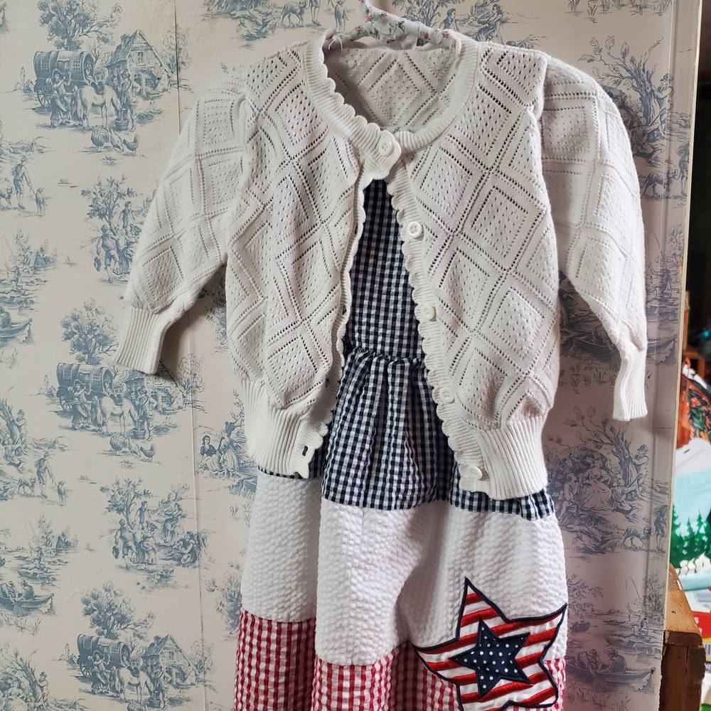 Kids White and Blue Gingham Dress with Cardigan And Blue Faux Denim Dress.